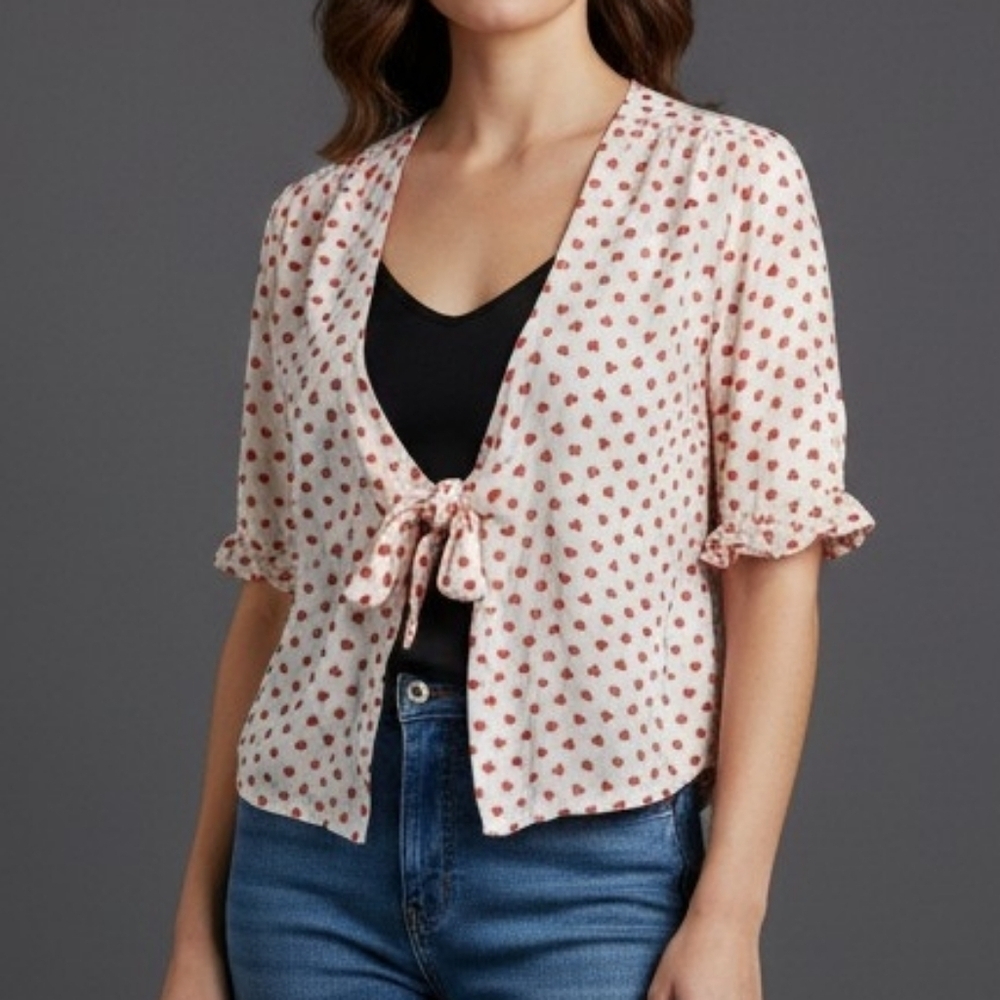 ZARA Red Heart Kimono Style Short Sleeve Tie Festival Top
